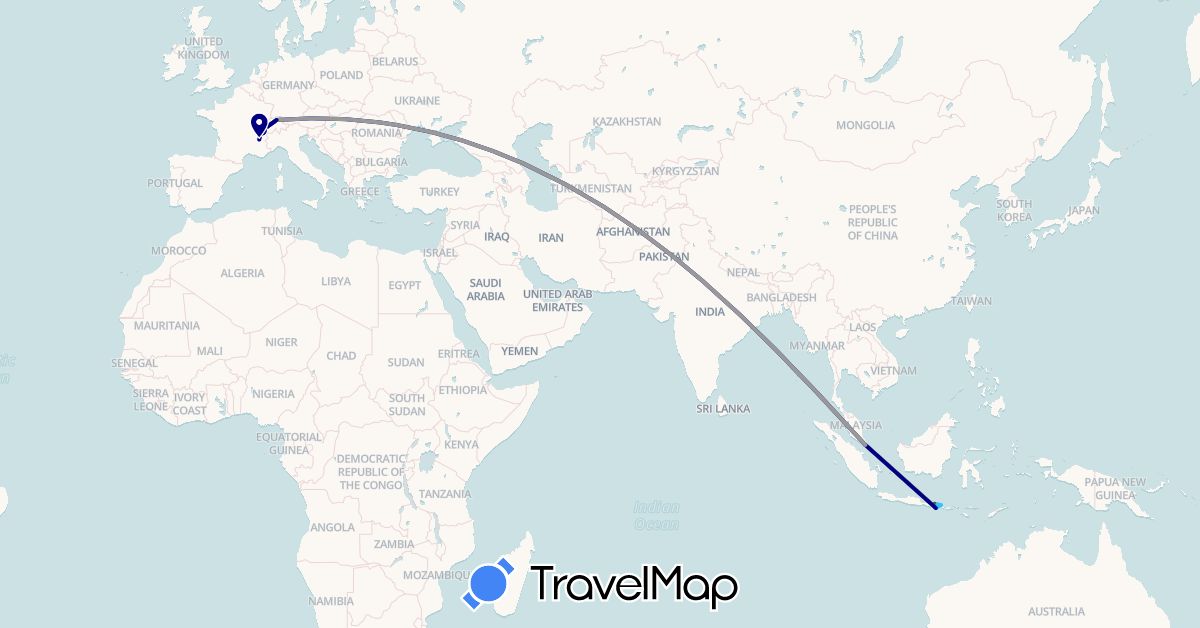 TravelMap itinerary: driving, plane, boat, motorbike in Switzerland, France, Indonesia, Singapore (Asia, Europe)